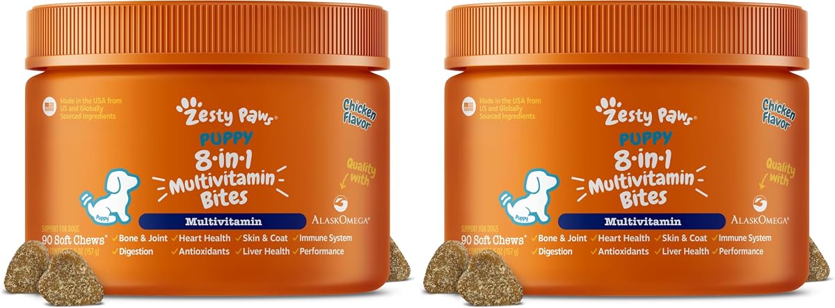 Zesty Paws Multivitamina para perros, vitaminas y suplementos masticables para perros para cadera y articulaciones, piel y pelaje, aceite de pescado Omega 3 para perros, multivitamina para cachorros, picaduras de pollo para cachorros, 90 unidades (paquete de 2)