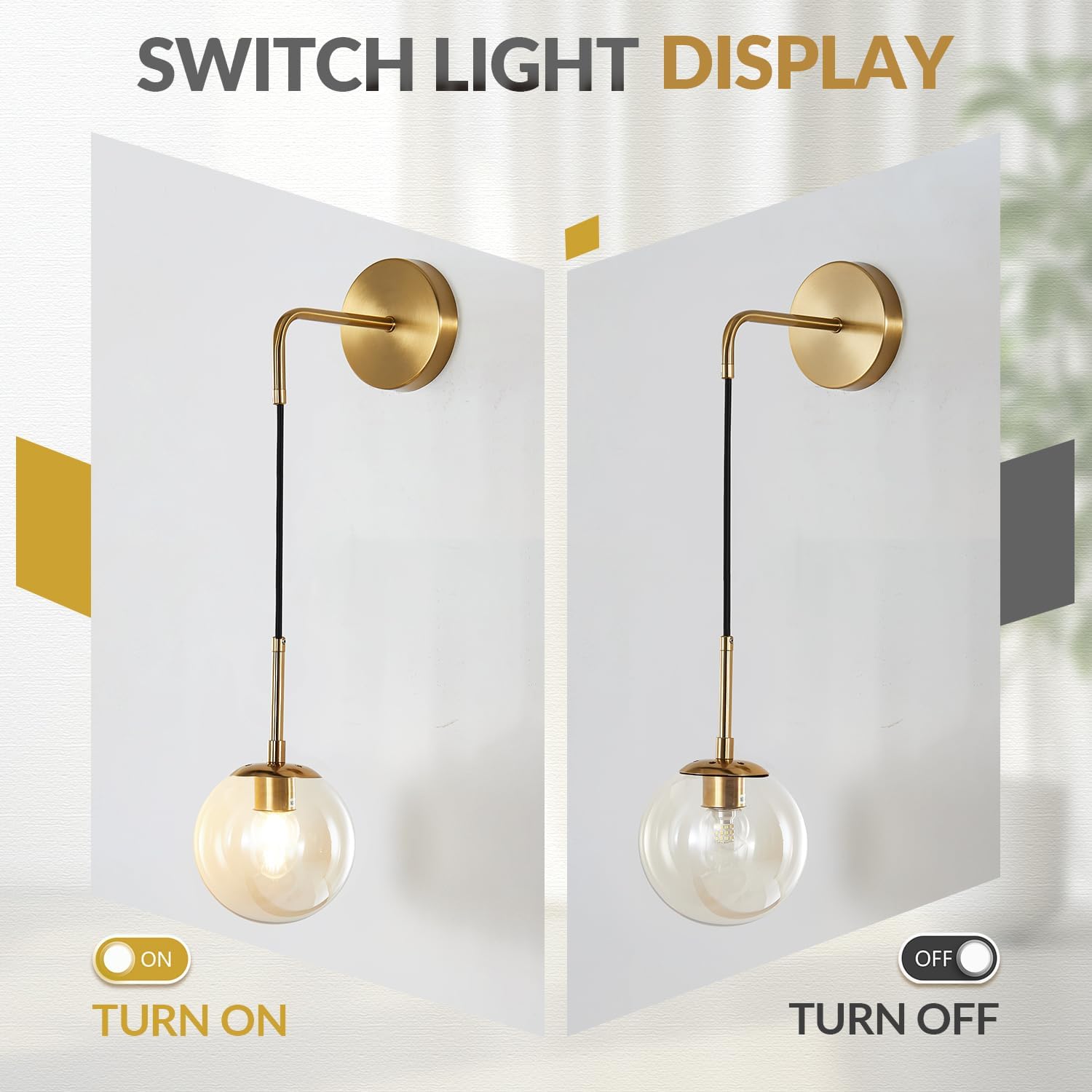 BOKT Mid Century Modern Globe Wall Sconce Lighting Brushed Brass Gold Amber Glass Round Wall Light Fixture Vintage Vanity Globe Bathroom Bar Wall Lamp (Gold+Amber)