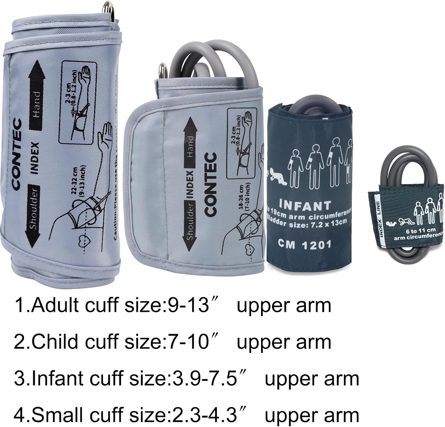 Four different sized blood pressure cuffs: adult, child, infant, and small.