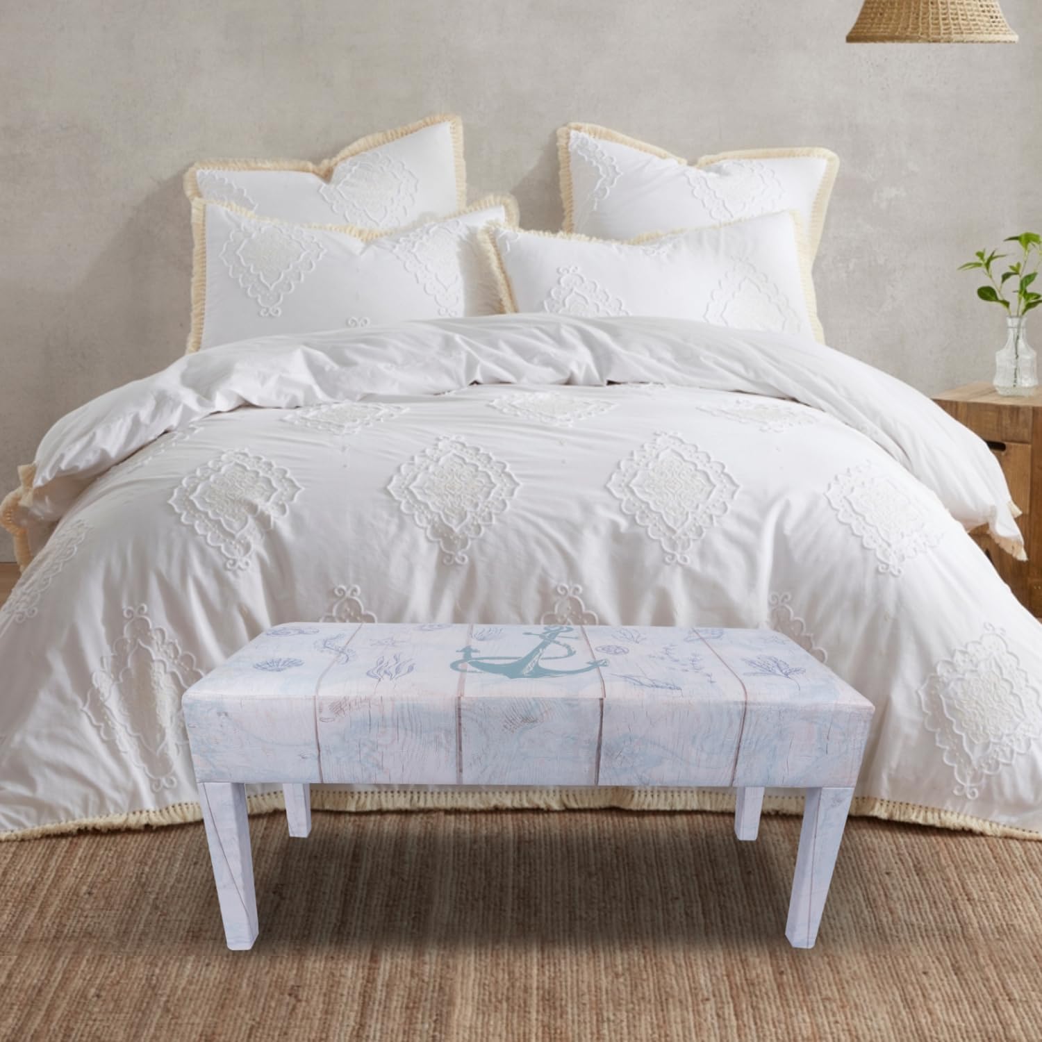 Indoor Coastal Bench Faux Leather Anchor Design for Entryway Bedroom Living Room Furniture Sun Room Beach Nautical Decor