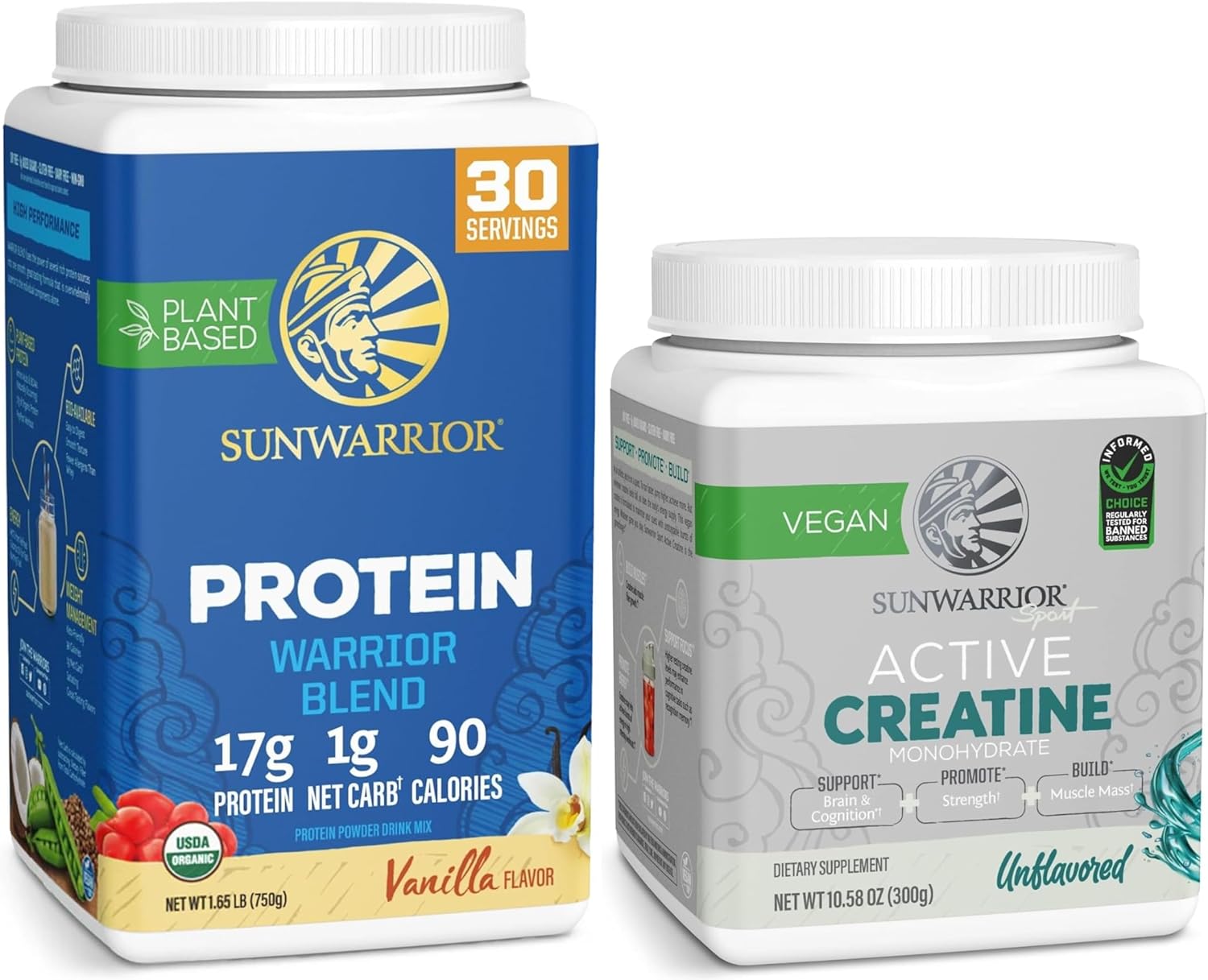 Sunwarrior Creatine Powder & Vanilla Organic Plant Based Protein Powder Set | Bundle & Save | Vegan Organic Protein Plus Unflavored Creatine Monohydrate (60 Servings Unflavored, 30 Servings Vanilla)