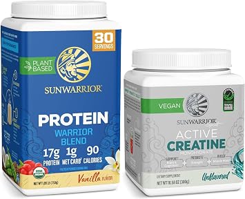 Sunwarrior Creatine Powder & Vanilla Organic Plant Based Protein Powder Set | Bundle & Save | Vegan Organic Protein Plus Unflavored Creatine Monohydrate 60 Servings Unflavored, 30 Servings Vanilla