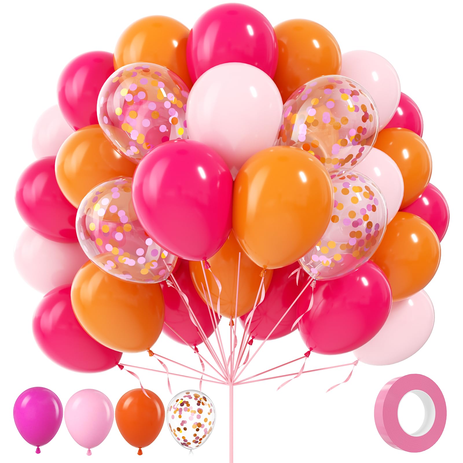 Pink and Orange Balloons, 100Pcs 12inch Hot Pink Orange Pink Latex Balloons and Confett Balloons with 1 Ribbons for Birthday Baby Shower Wedding Graduation Tropical Party Decoration