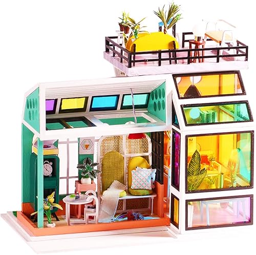 Miniatura 8 de Roroom Kit de casa de muñecas en miniatura y muebles, modelo de casa de muñecas en 3D con cubierta antipolvo y movimiento de música, idea creativa