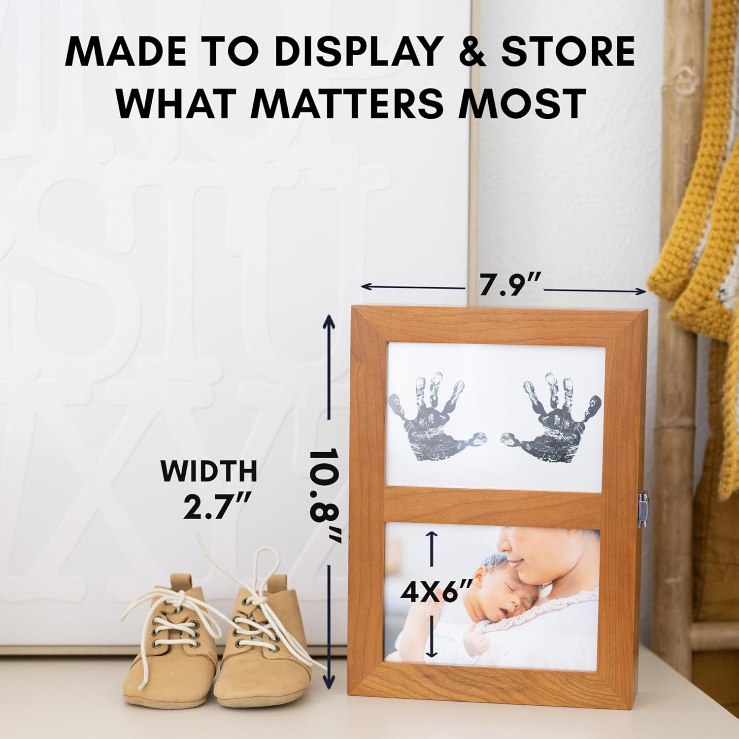 AUDRIC & ANNE 2-in-1 Baby Keepsake Box & Paw Print Kit for Dogs | Solid Cherry Wood Memory Box for Keepsakes with Photo Frame & Inkless Pads | Baby Shower Gifts & Wedding Gift (11″×8″×2.7″)