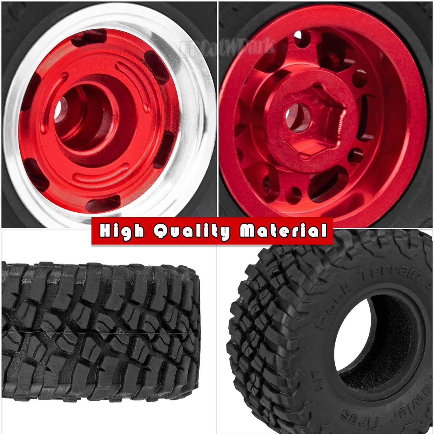 RC 1.0 Wheels and Tires for 1/18 TRX4M,1/24 SCX24 RC Crawler Car,RC Aluminum Wheel Rims & Rubber Tires w/Foam Inserts,RC 1.0 Off Road Buggy Rally Wheels and Tires,Red