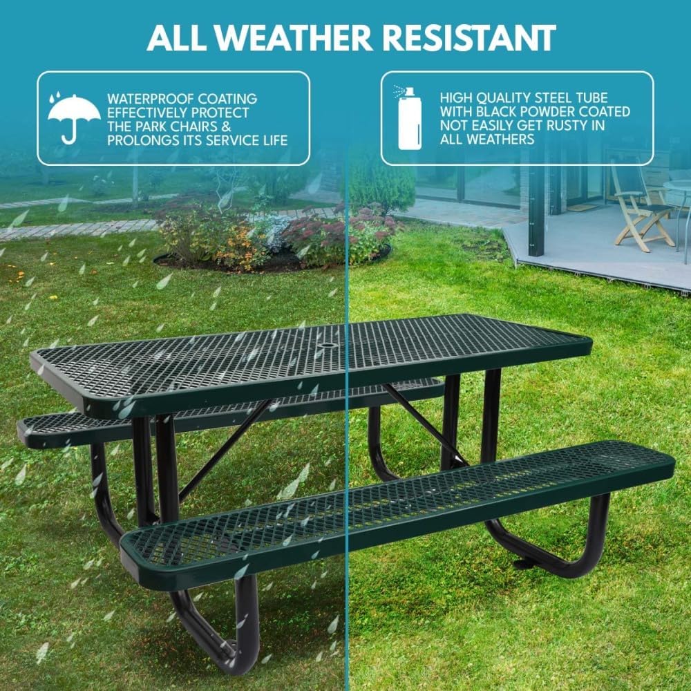 6 Foot Green Rectangular Outdoor Picnic Table with Steel Frame, Umbrella Hole, Durable and Weather-Resistant, Seating for Several