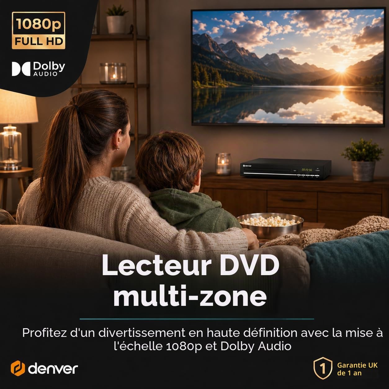 Denver DVH-7787 Lecteur DVD compact, multi-régions/toutes régions, mise à l'échelle Full HD 1080p, HDMI, connexions péritel et vidéo composite, port USB et télécommande