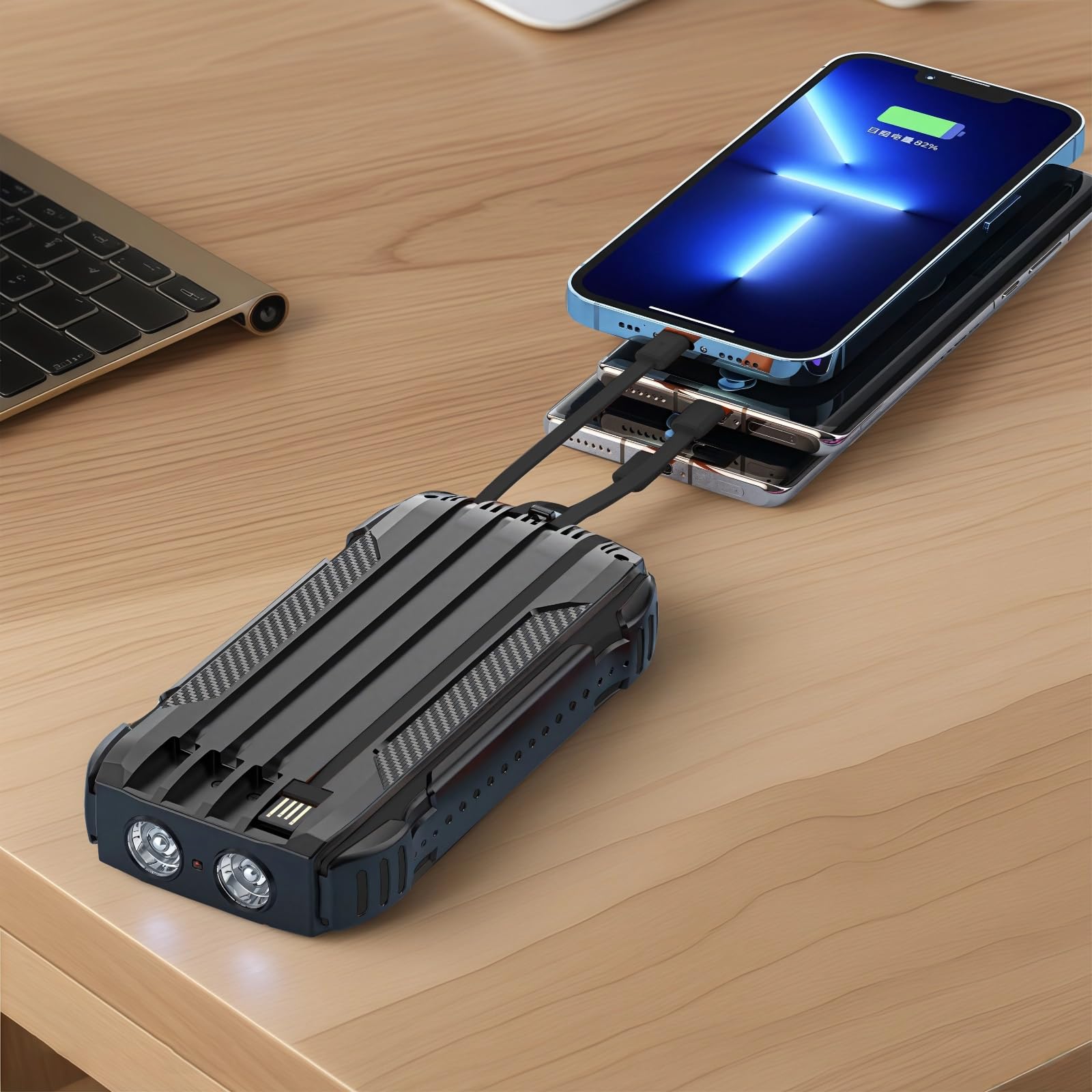 Power bank a energia solare da 30000 mAh, batteria portatile ad alta capacità con ricarica rapida, torce a doppio LED, uscite USB e di tipo C, ideale per avventure all'aperto, nero