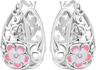 Floral Hoop Earrings 925 Sterling Silver with 14K Gold Plating – Lightweight CZ Flower Hoops | Hypoallergenic Jewelry for Women | Gift Box + Polishing Cloth