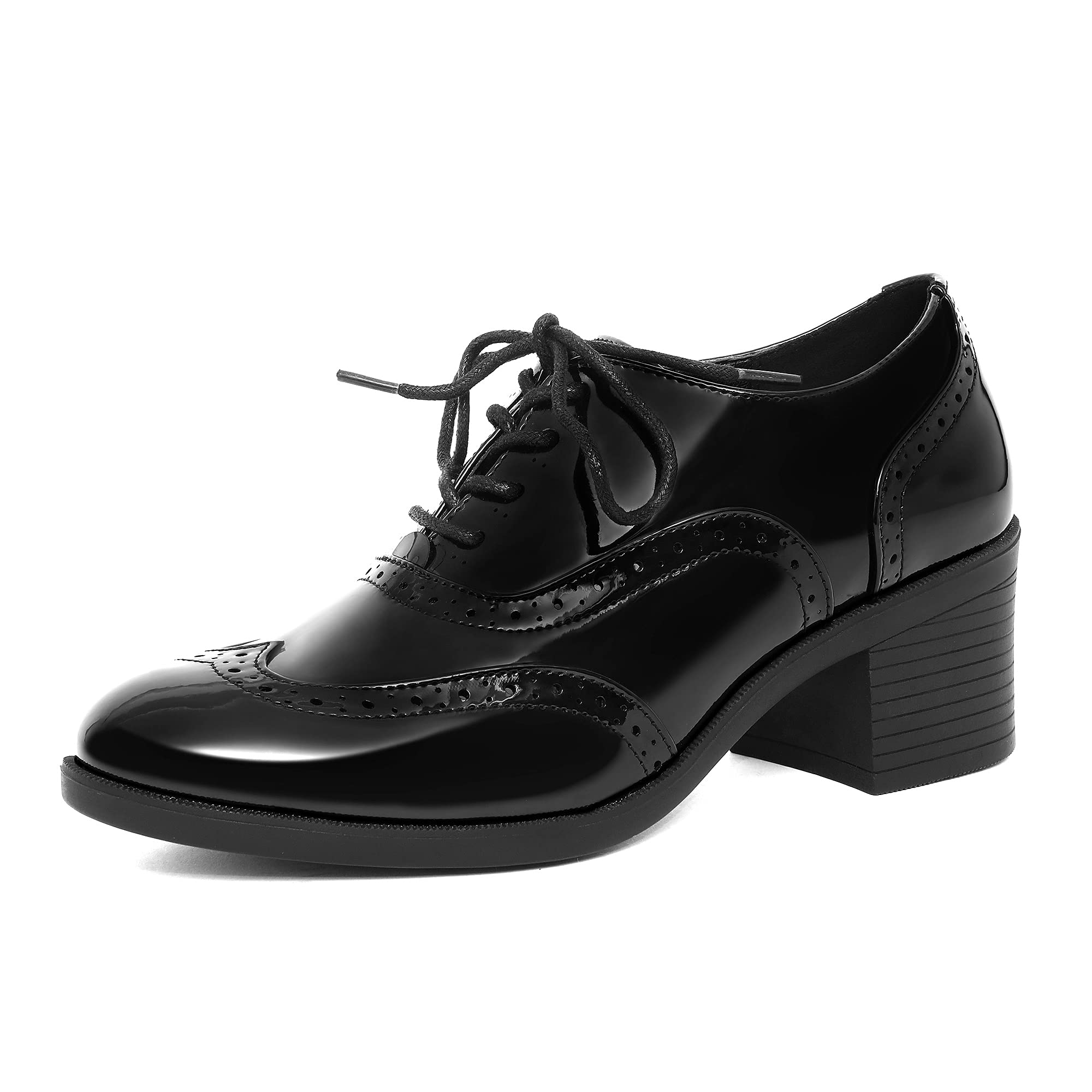 Odetina Women's PU Leather Oxfords Wingtip Lace Up Shoes with Medium Heel Comfort Brogues Black Shoes Vintage Lace Up Shoes