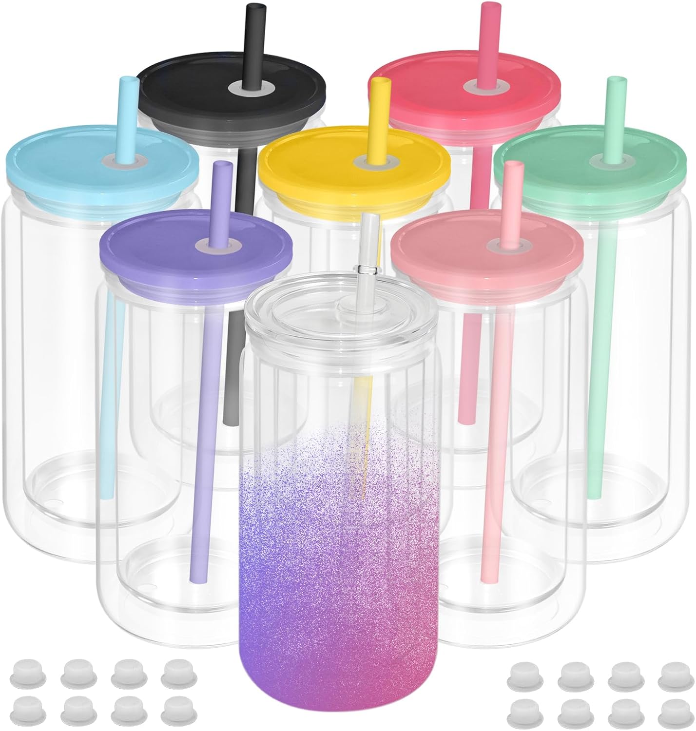 AZEAM 8 PCS Plastic Snow Globe Tumbler,16 oz Double Wall Tumbler with Pre Drilled Hole,Bulk Snow Globe Cups with Colorful Lip and Straw,DIY Glitter Snowglobe(No gold powder)