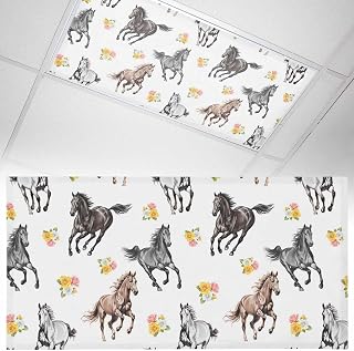 Spring Flowers Fluorescent Light Covers for Ceiling Lights Magnetic Light Covers for Classroom Black Brown White Horse Country Vintage Lights Filters 4x2 Ft Drop Shade for Office Home School 1 Pack