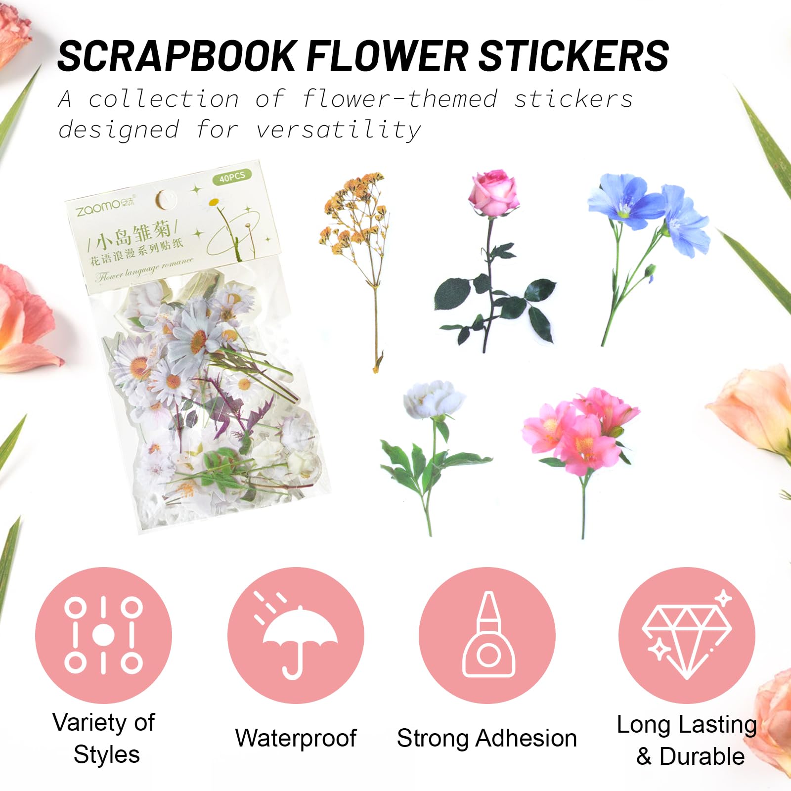 160 Adesivi Floreali Per Scrapbooking: Impermeabili, Vintage, PET Colorato, Per Album E DIY