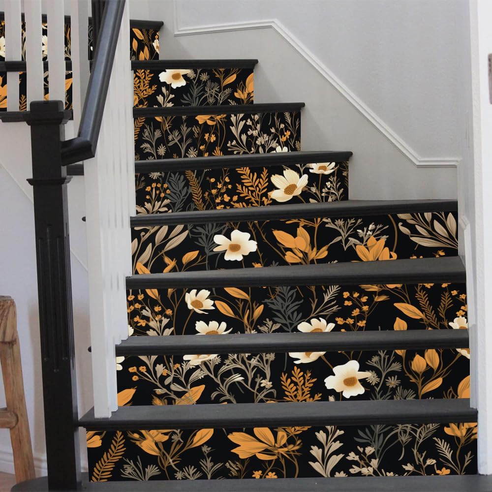 REDAMANCY Boho Brown Beige Wildflower Peel and Stick Vinyl Stair Riser Decals Staircase Tile Stair Stickers Abstract Art Modern Decoration Self-Adhesive Home Decor Stair Decals (14 Pcs)