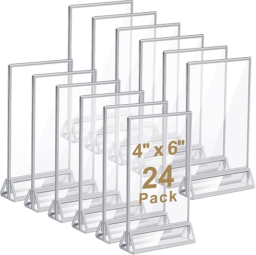 24 soportes de acrílico transparente de 4 x 6 con bordes plateados y soporte vertical, soportes de menú de mesa de doble cara para números de mesa