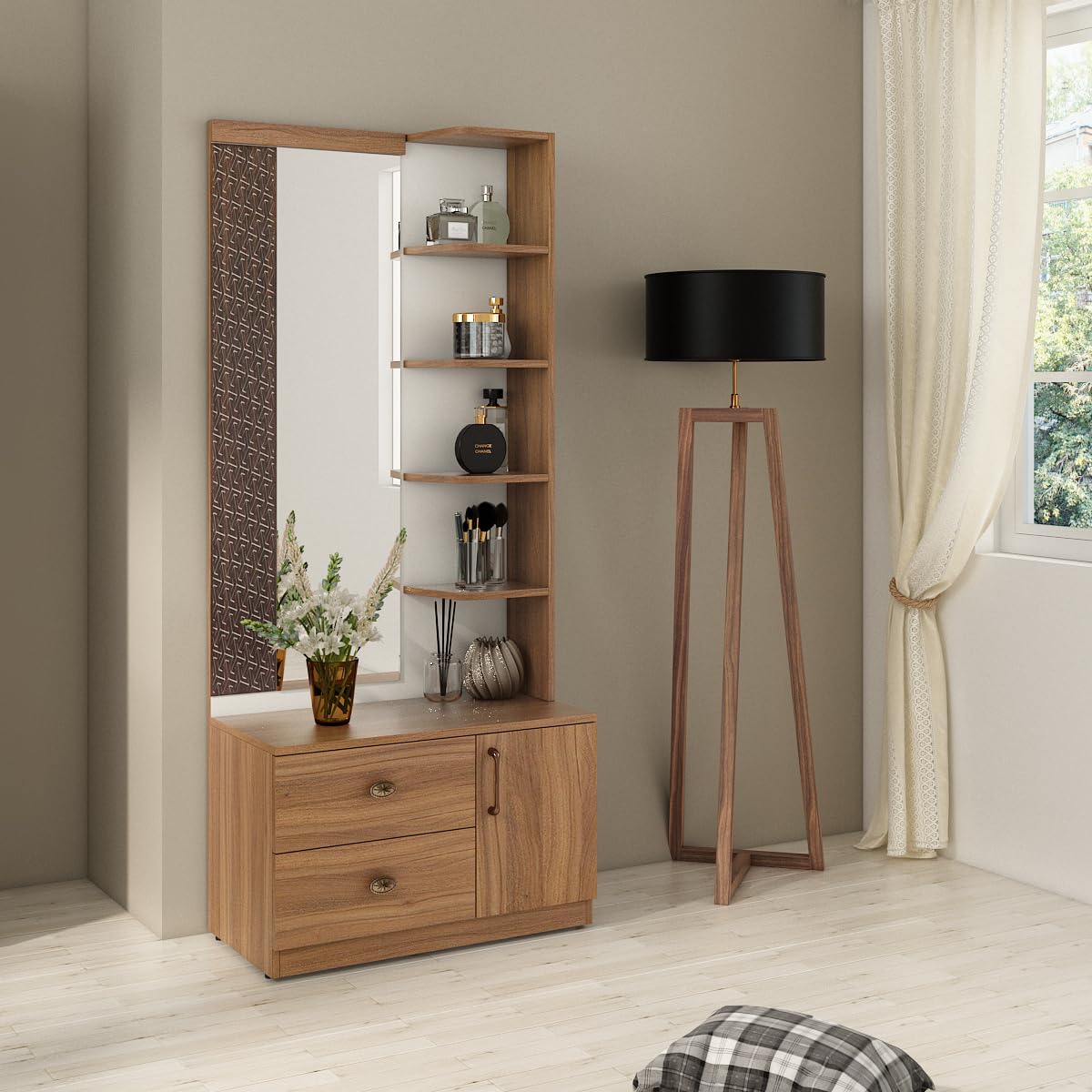 A GLOBIA CREATIONS Winslet Dressing Table | Engineered Wood | Exotic Teak Finish | Matte | Knock Down | Water & Scratch Resistant | Swing Door | 3-Year Warranty-image-38
