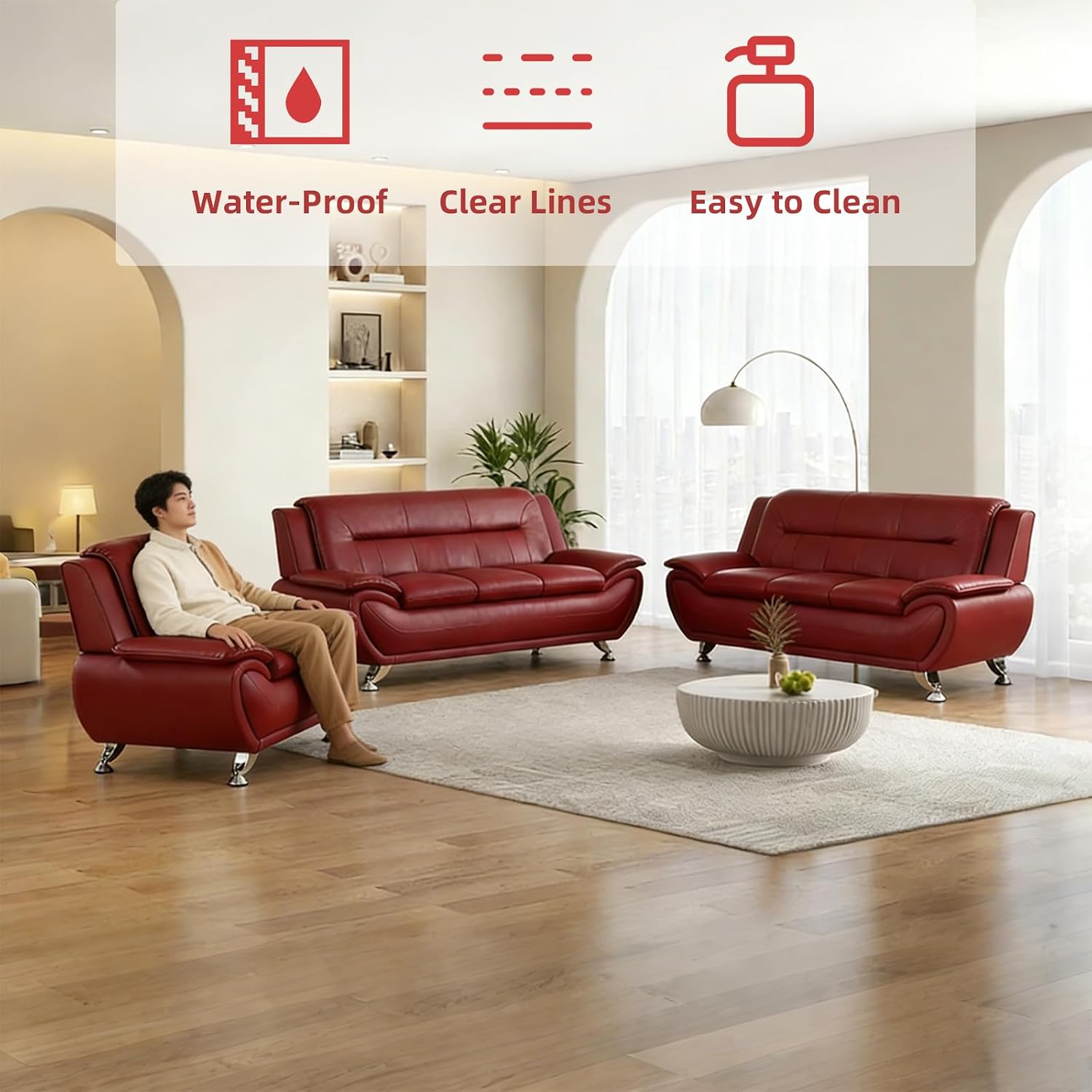 Leather Sectional Couch, Living Room Furniture, 3 - Piece Couch Set, Faux Leather Modern Sectional Sofa Loveseat Chair Set with Sturdy Legs for Living Room/Bedroom/Office,Red