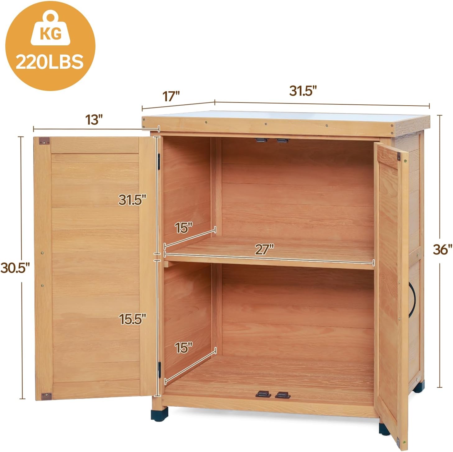 31.5" Outdoor Potting Bench Table with Storage Cabinet & Metal Tabletop – Durable & Warerproof Garden Tool Organizer with Magnetic Doors,Solid Wood Planter Workbench for Patio, Balcony, Garage