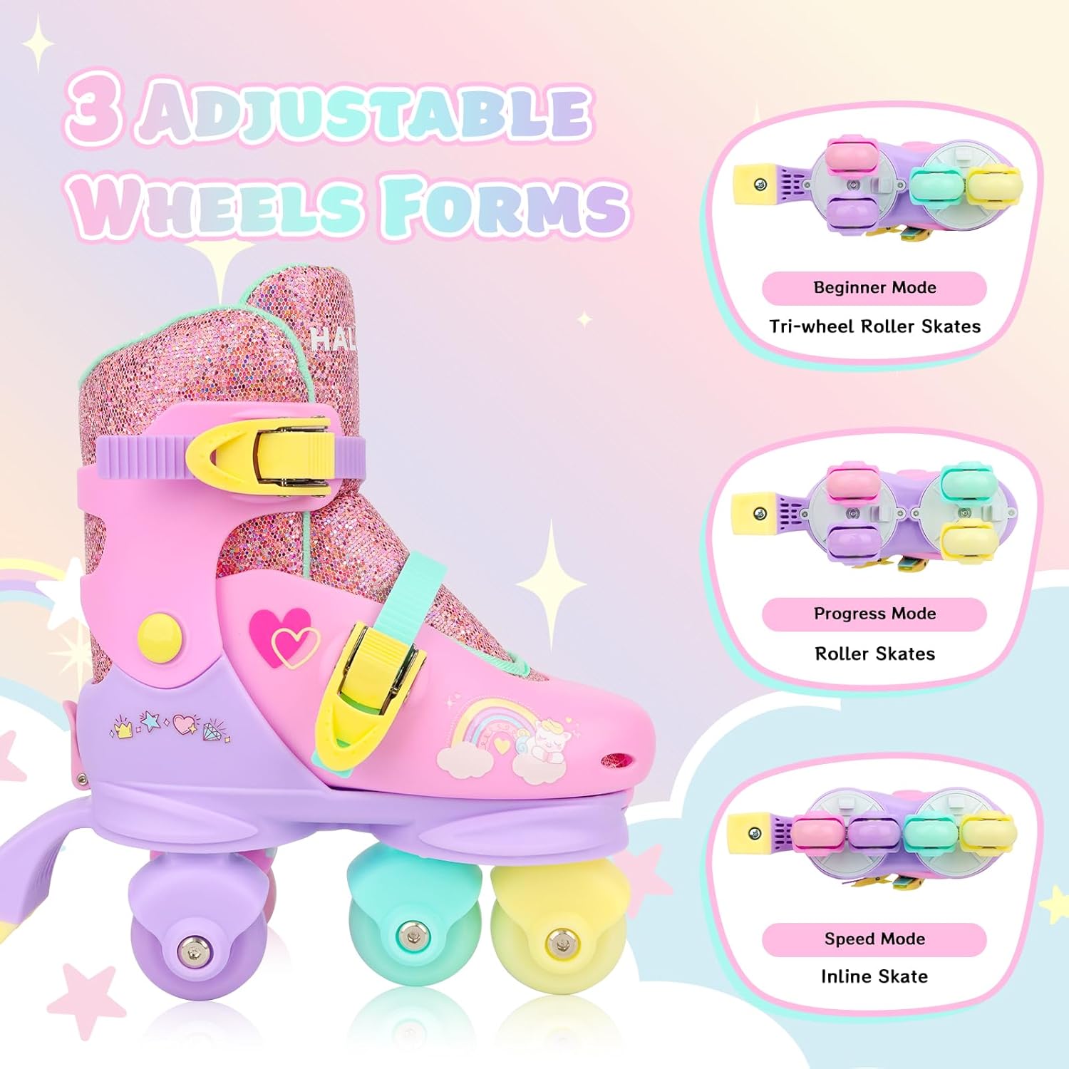 Toddler 3-in-1 Roller Skates for Kids Girls Boys, Hard Shell Convertible Quad, Inline & Tri-Skates with Sticker-Decorated Colorful Light-Up Wheels, 4 Size Adjustable Skate for Beginners