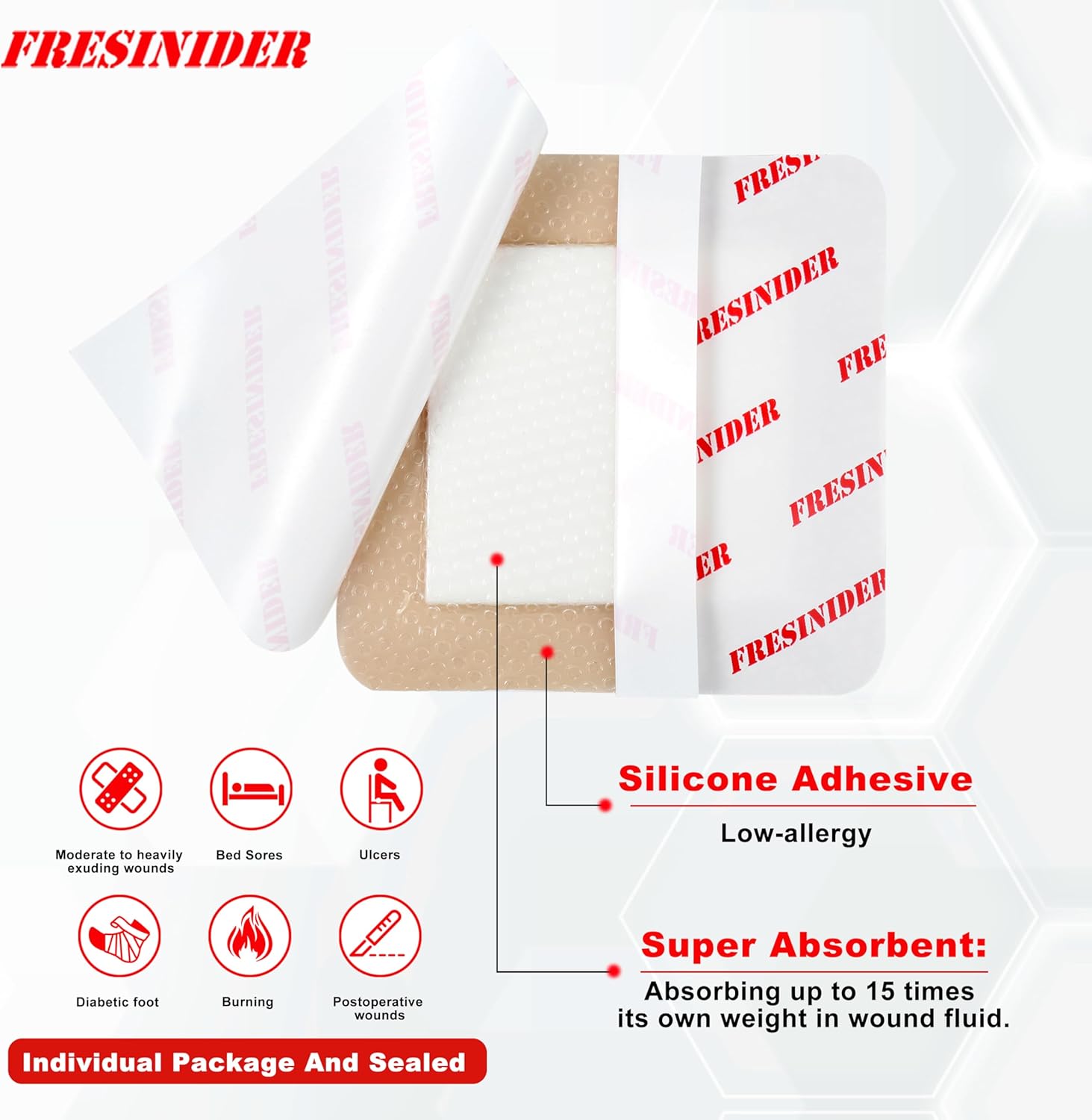 FRESINIDER Silicone Foam Dressing with Adhesive Border – Wound Dressing Bandage – Silicone Foam Pad – Pack of 20 – 2 x 2 Inches Large Waterproof Bandages – Self Adhesive Wound Care and Dressings - Image 3