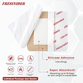FRESINIDER Silicone Foam Dressing with Adhesive Border - Wound Dressing Bandage - Silicone Foam Pad - Pack of 5 - 3 x 3 Inches Large Waterproof Bandages - Self Adhesive Wound Care and Dressings