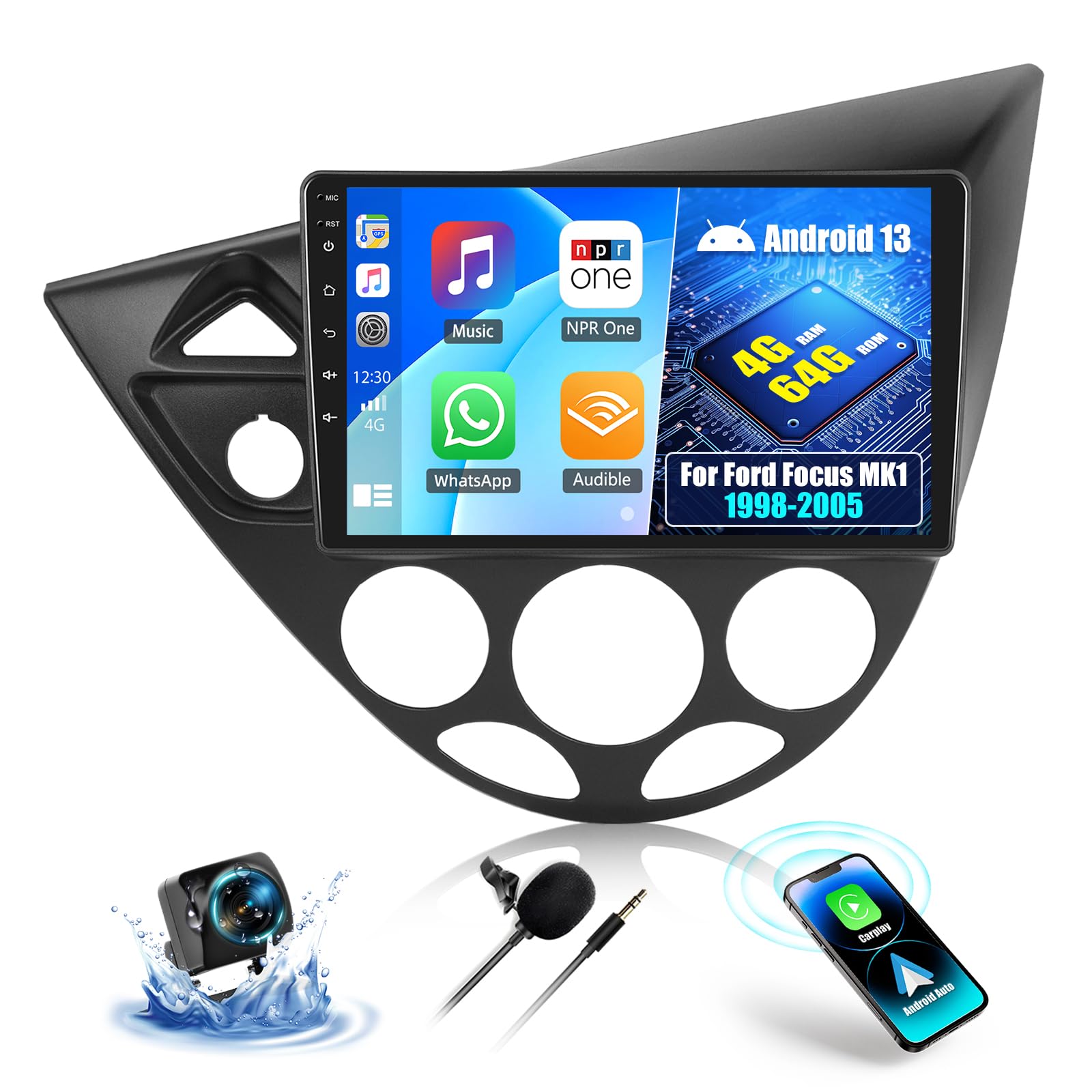 OiLiehu 4+64GB Android 13 2 DIN Carplay Android Auto Autoradio para Ford Focus MK1 C170 1998-2005 Pantalla Radio Coche 9 Pulgadas Mirror Link Bluetooth FM/RDS GPS WiFi SWC EQ Camara Marcha Atras