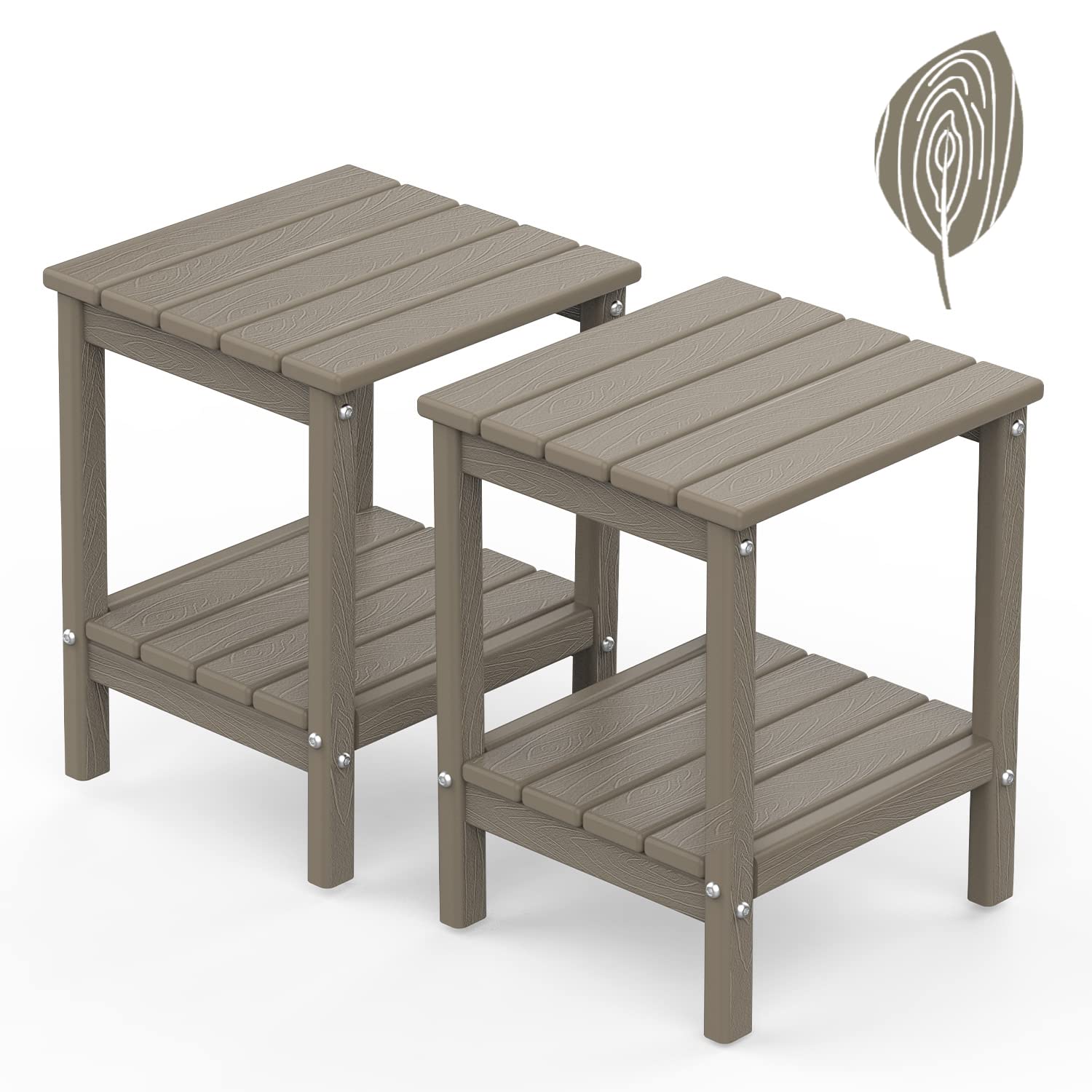 GREENVINES Adirondack-Outdoor-Side-Table | Set of 2 | Wood Grain | 14 x 13 Inches | HDPE Plastic | All Weather | Desert Brown | Outside End Tables |