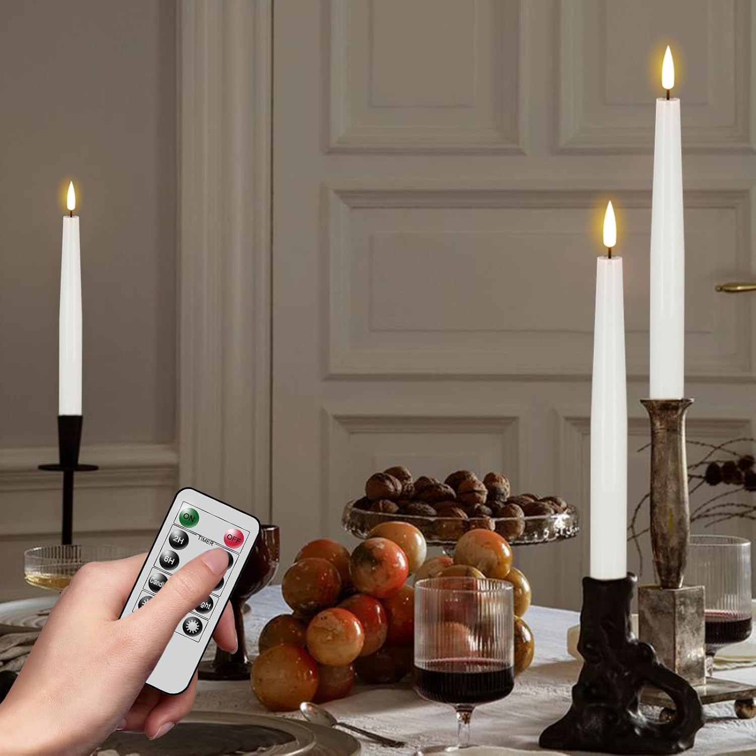 GenSwin Flameless Taper Candles, LED Taper Candles Battery Operated with Remote Timer, Set of 2 Real Wax White Flameless Candlesticks with 3D Flame for Home Weddin Party Holiday Decor (0.78” x 9.84”) - Image 3