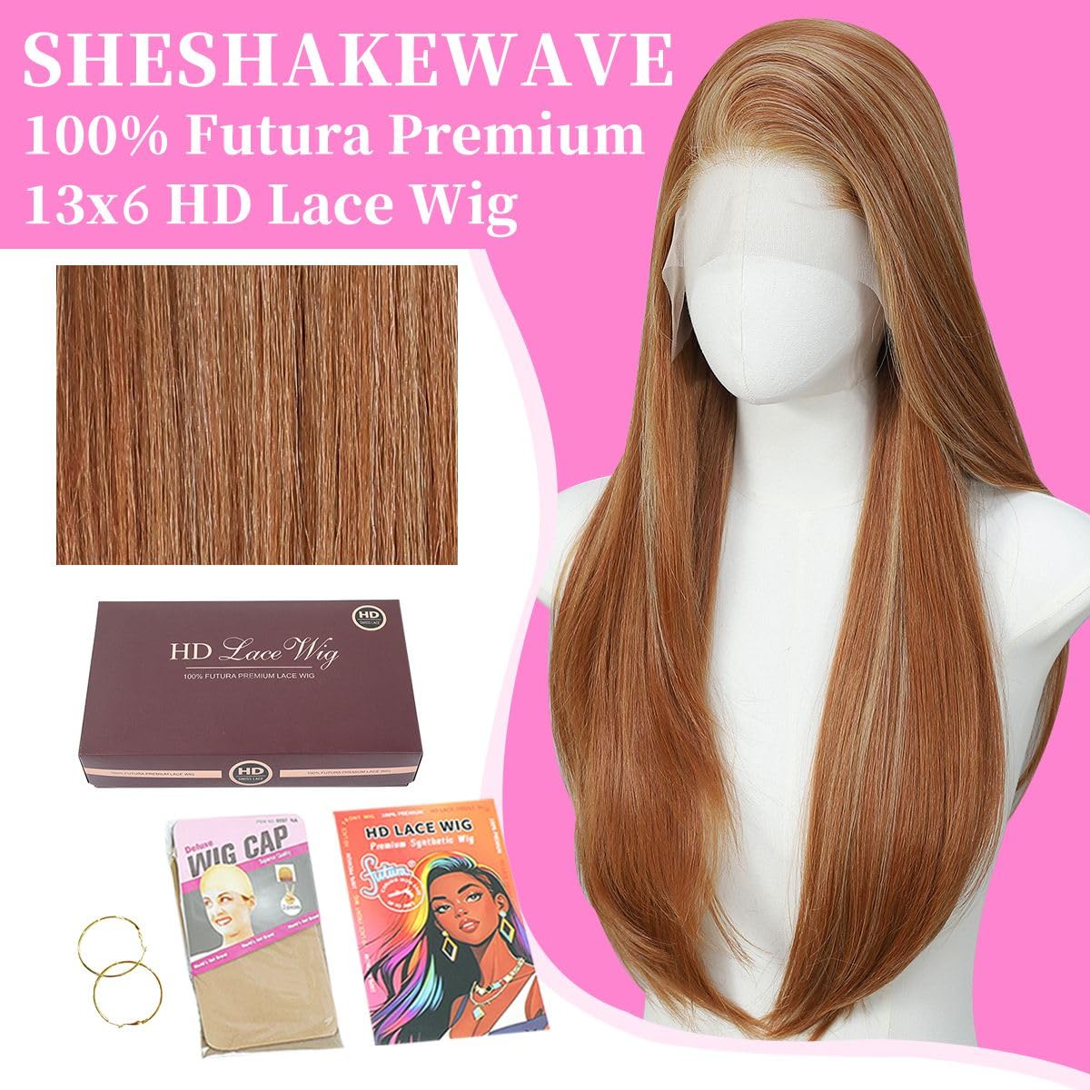 Synthetic Lace Front Wigs Pre Plucked 13x4 Lace Skunk Stripe Blonde Ginger 26 Inch Long Layered Straight Wigs For Women 100% Futura Fiber Ready to Wear Glueless Wig With Bangs Daily Party Use
