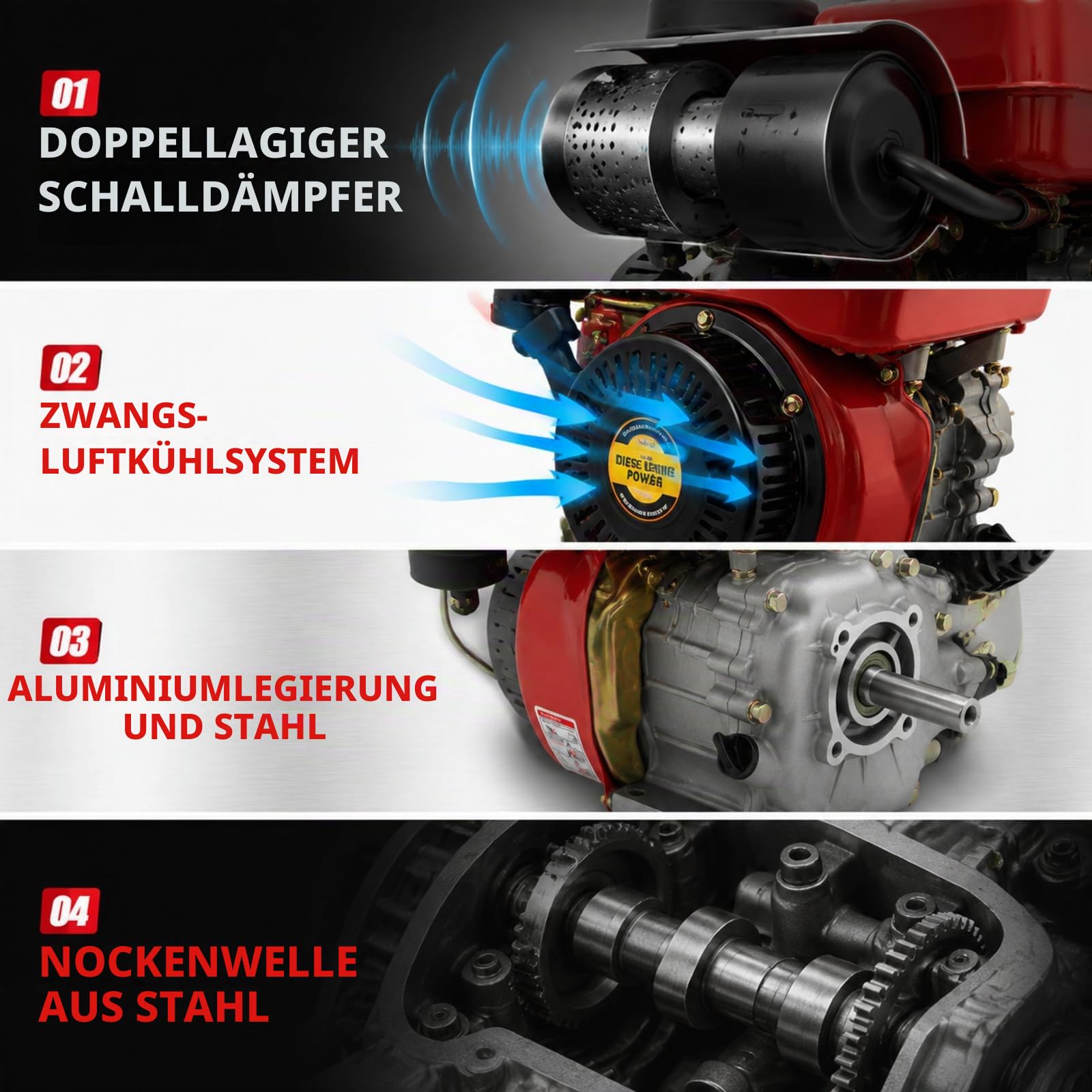 3 PS 2,2 kW Dieselmotor, Eilzugstarter-Dieselmotor, Kartmotor, Standmotor, Geräuscharm, 4-Takt, 1650–3800 U/min, Ölmangelsicherung, Seilzugstartt (Rot)