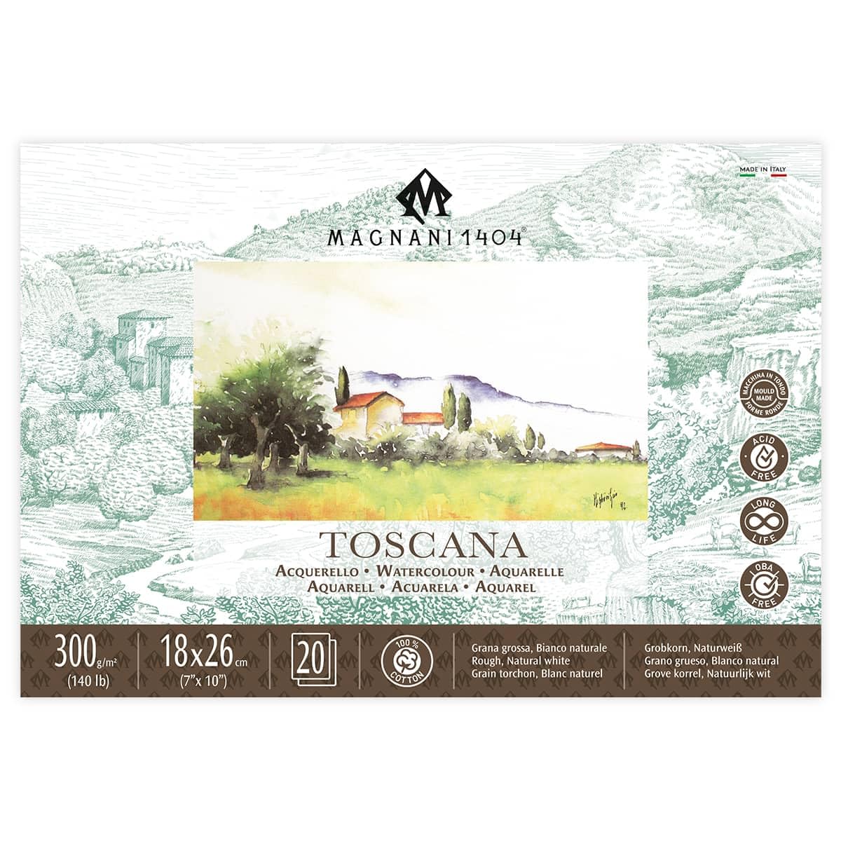 Magnani 1404 Toscana Lot de 20 feuilles de papier aquarelle 100 % coton, 17,8 x 25,4 cm, 63,5 kg, sans acide, résistant aux UV, format végétalien, fabriqué en Italie