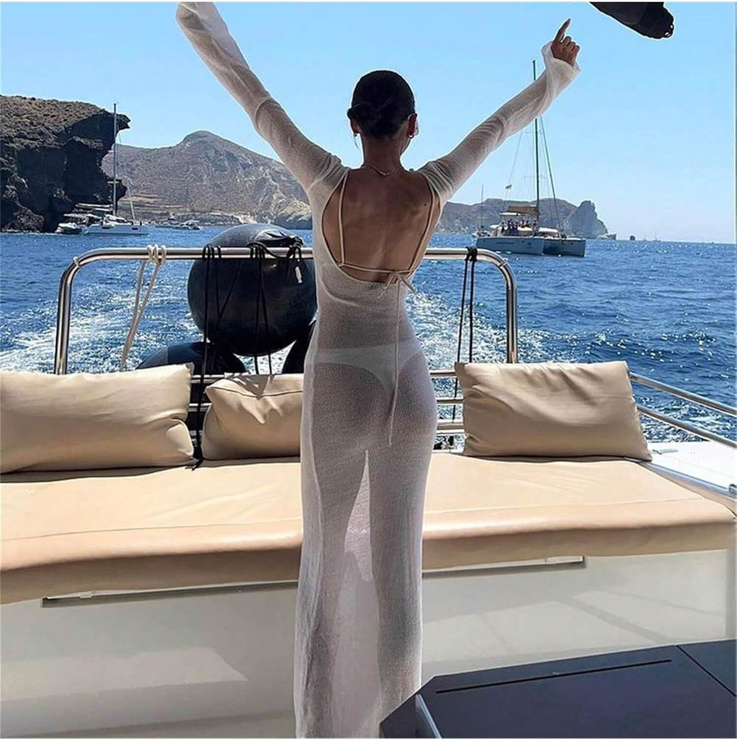 Women Knit Long Sleeve Dress Through Backless Swimsuit Bikini Cover Up Beach Swimwear cover ups for swimwear
