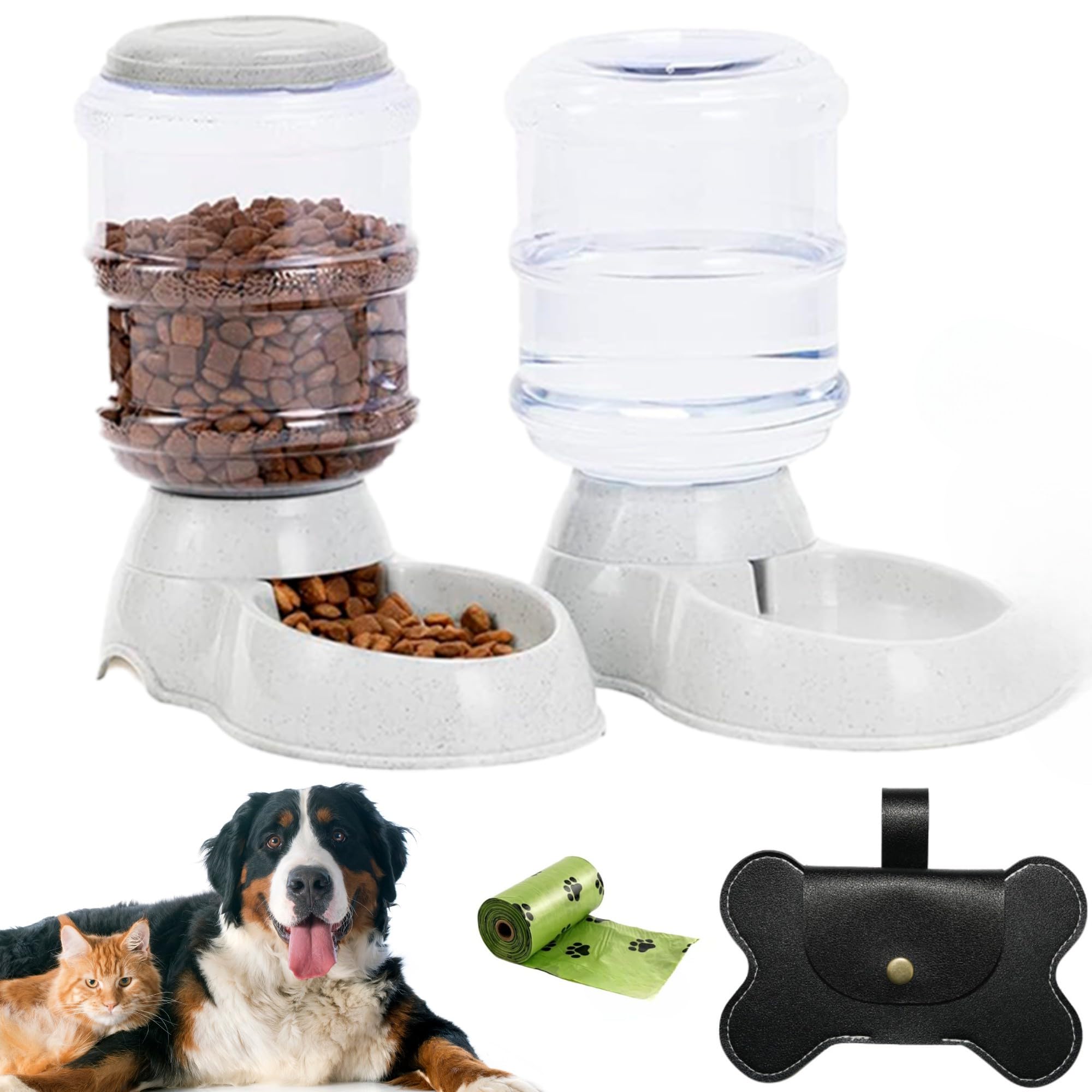 CAPANDIMARKET - Comedero y Bebedero Automático para Perros y Gatos 3.7L, Dispensador de Comida y Agua, Incluye Portabolsas y Bolsas Biodegradables, Transparente, Plástico Libre de BPA