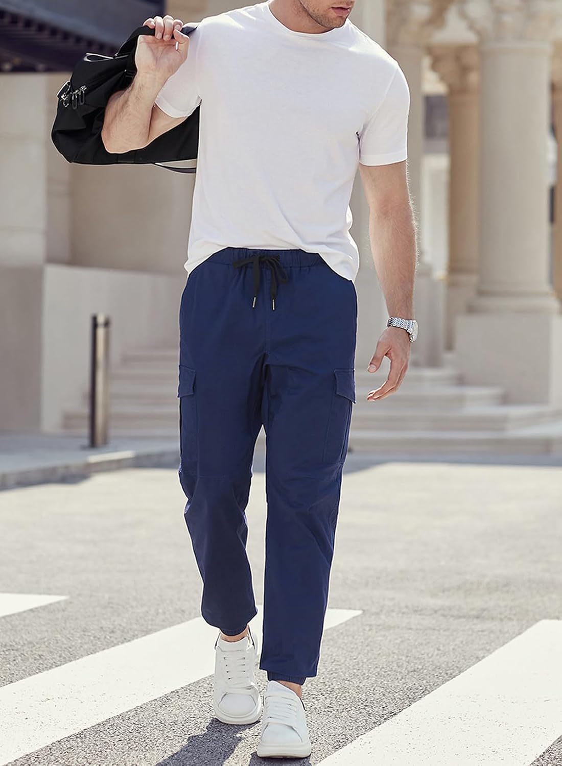 JMIERR Mens Fashion Cargo Pants - Casual Cotton Tapered Stretch Twill Drawstring Athletic Joggers Sweatpants with 6 Pockets
