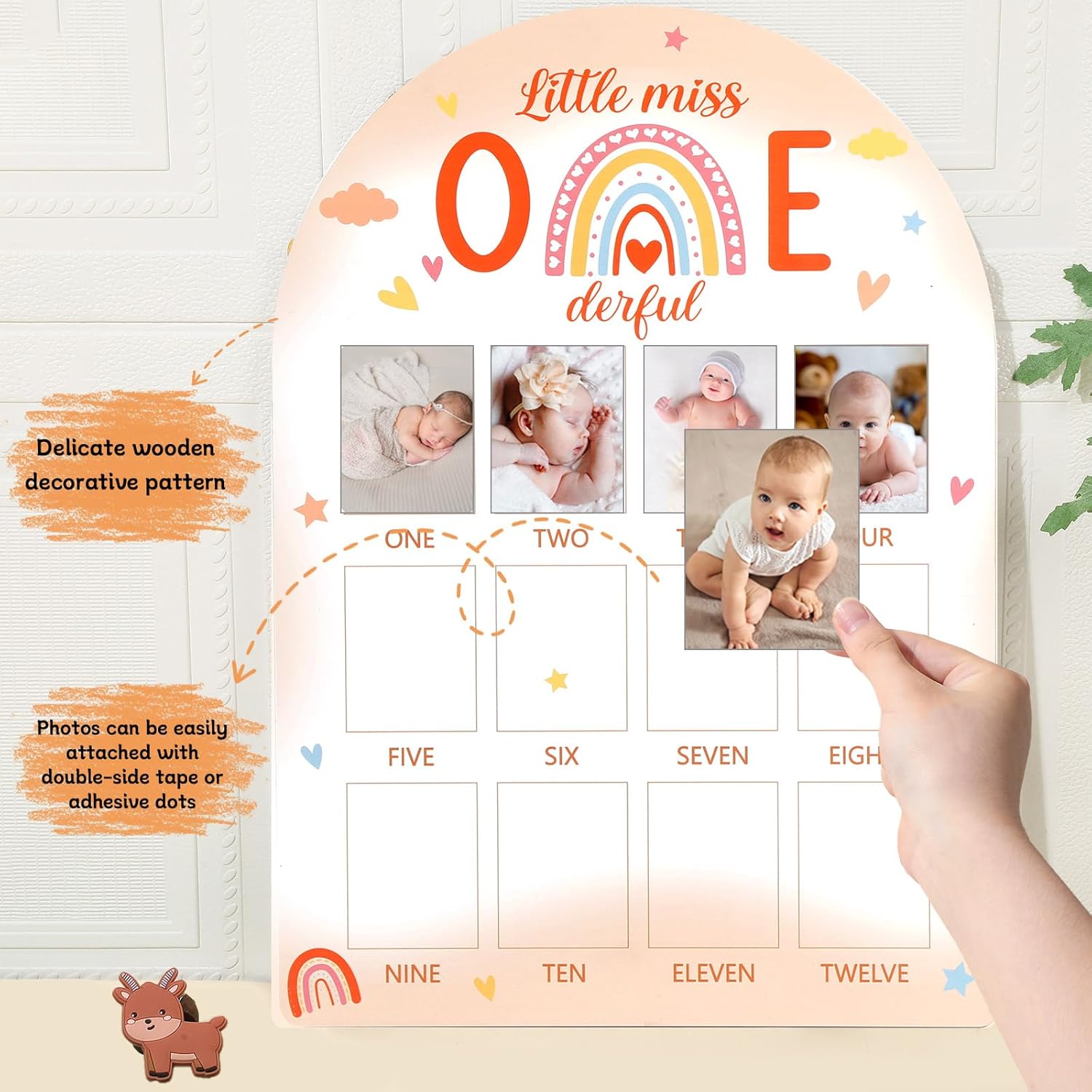 Little Miss One Derful Photo Board Boho Rainbow First Birthday Party Decoration Wooden Board 12 Monthly Milestone Picture Frame 1st Birthday Photo Banner for Baby Keepsake Gift Supply(Fit 2x2.8in Pic)