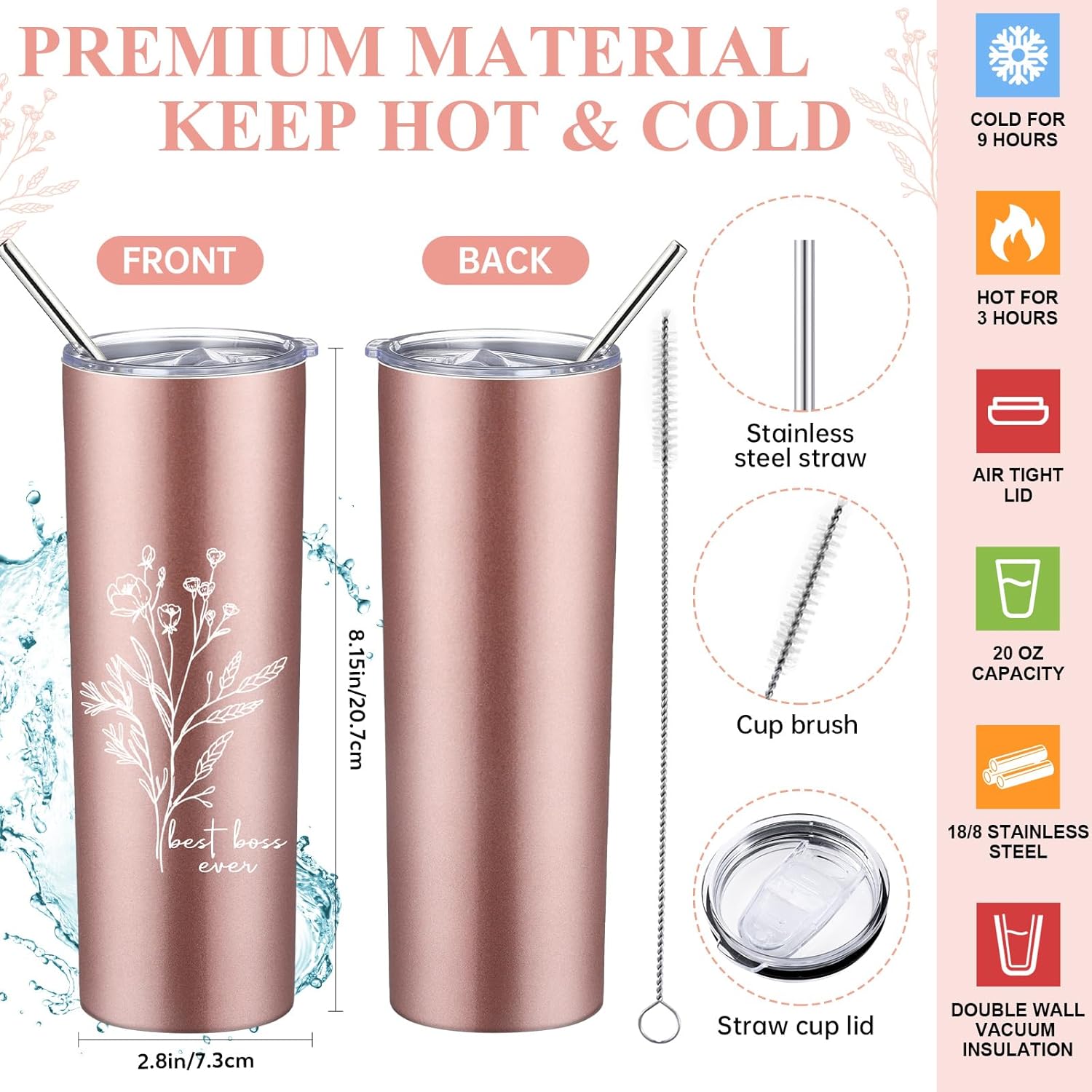 6 Pcs Boss Day Gift Set Lady Appreciation Thank You for Women 20 oz Aesthetic Boho Flower Tumbler Tote Bag Makeup Bag A6 Notepad with 3 Ballpoint Nurses Practitioner Gift (Pink) - Image 3