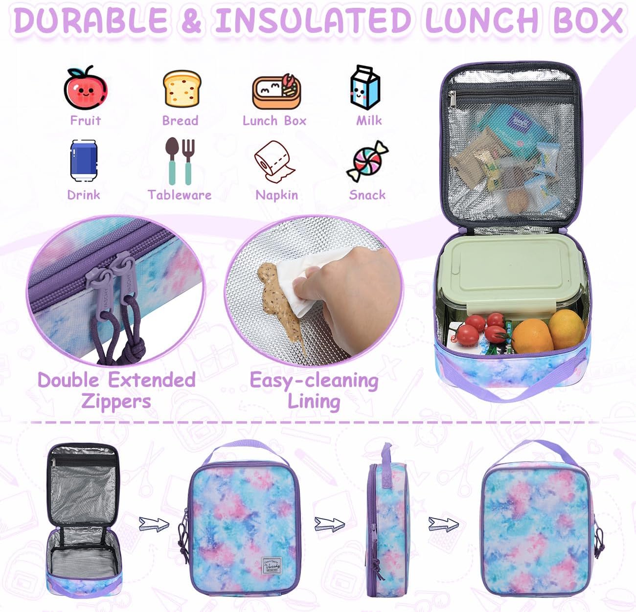 VASCHY Kids Backpack Lunch Bag Set, Girls 2-1 School Bookbag Insulated Lunch Box for Toddlers,Preschool,Daycare,Kindergarten,Elementary School Multi-Color - Image 4