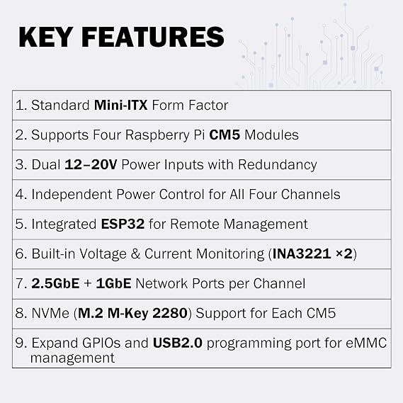 DeskPi Super4C for Raspberry Pi Compute Module 5, Cluster Mini-ITX Board Supports 4 CM5, 2.5GbE + 1GbE Network, M.2 NVMe, 1U Rack Mounting, Includes 89W Power Supply
