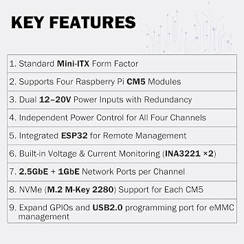 DeskPi Super4C for Raspberry Pi Compute Module 5, Cluster Mini-ITX Board Supports 4 CM5, 2.5GbE + 1GbE Network, M.2 NVMe, 1U Rack Mounting, Includes 89W Power Supply