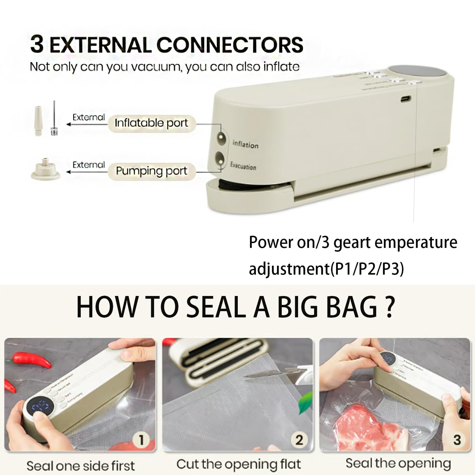 Selladora al vacío inalámbrica de mano, minimáquina 3 en 1, recargable, for almacenar alimentos, prensadora portátil for bolsas de papas fritas, selladora térmica for refrigerios, bomba de inflado.(Be