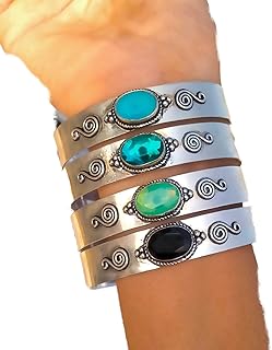 Faceted Black Onyx, Aqua Chalcedony, Blue Topaz, Blue Chalcedony Gemstone Bangle, Adjustable Bangle, Four Band Bangle, Oval Stone Bangle, Boho Bangle, Handmade Statement Bangle, Party Wear Bangle