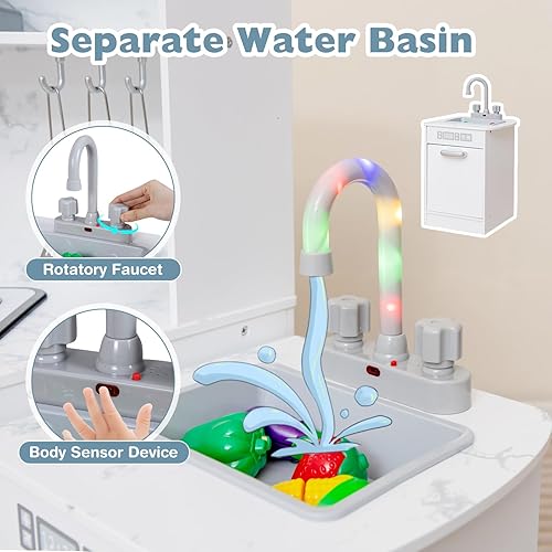 Miniatura 3 de Costzon Juego de cocina para niños, 2 piezas de juguete de cocina con luz, sonido, lavabo, microondas, pizarra, máquina de hielo, campana