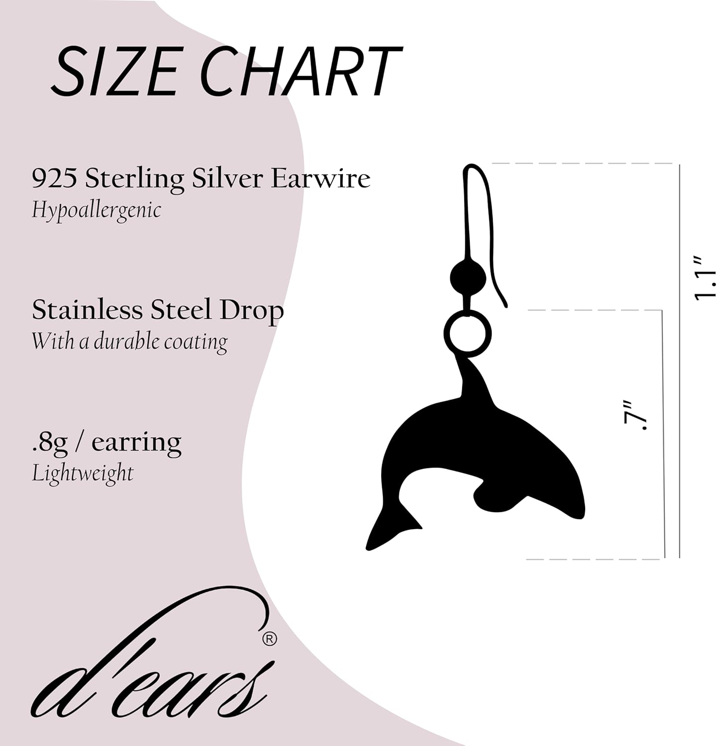 d'ears Orca Whale Earrings Non-Tarnish Sterling Silver French Hook Ear Wire, made in the U.S.A. by family run small business.
