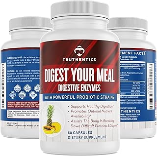 TRUTHENTICS Digestive Enzymes Plus Probiotics & Prebiotics with Bromelain, Lactase, Galactosidase, Acidophilus - Vegan Digestion Aid, Constipation Bloating & Gas Relief for Men & Women - 60 Capsules