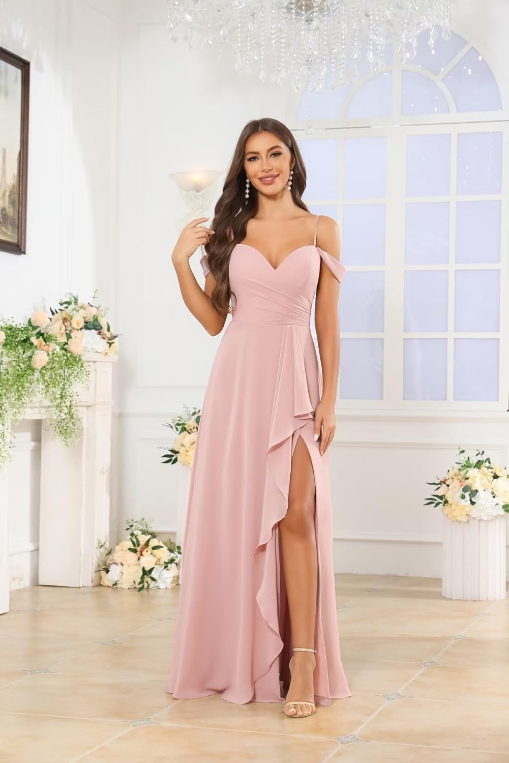Bridesmaid Dresses for Women Chiffon Off The Shoulder Formal Evening Dress with Slit