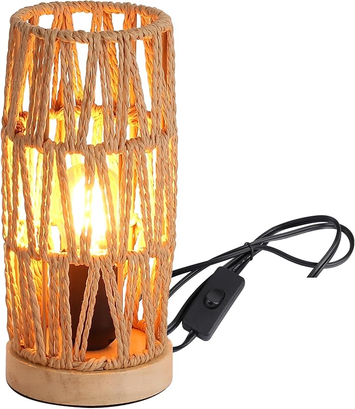 SUNLLOK Boho Éjjeli Lámpa Fa Talppal - Retro Rattan Asztali Lámpa Hálószobába, Vintage Bambusz Olvasólámpa Nappaliba, Gyerekszobába, Irodába