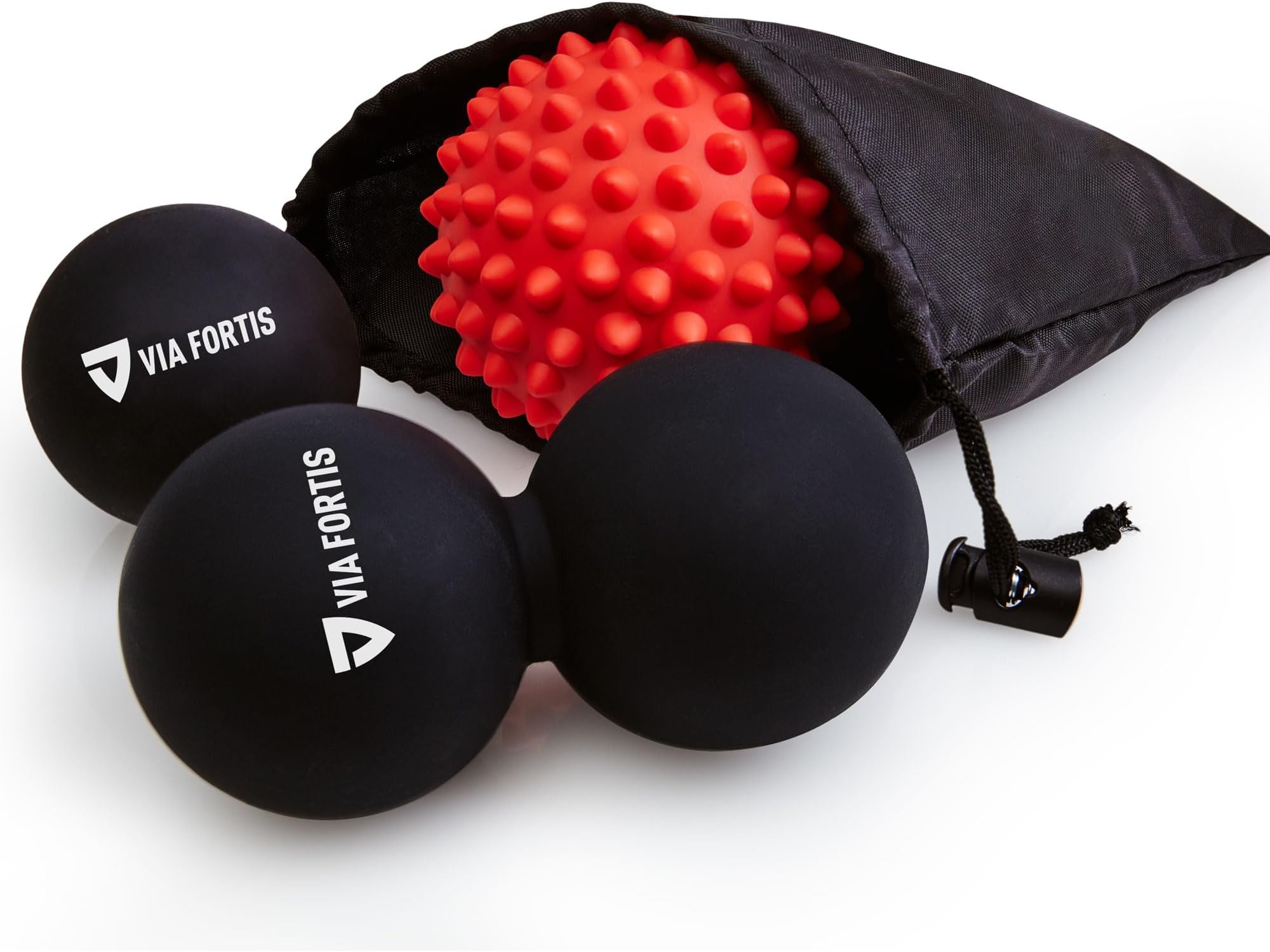 VIA FORTIS Premium Massage Ball Set incl. Fascia Ball, Duoball, Hedgehog Ball & Bag - for Self-Massage and Treatment of Trigger Points for Tension.