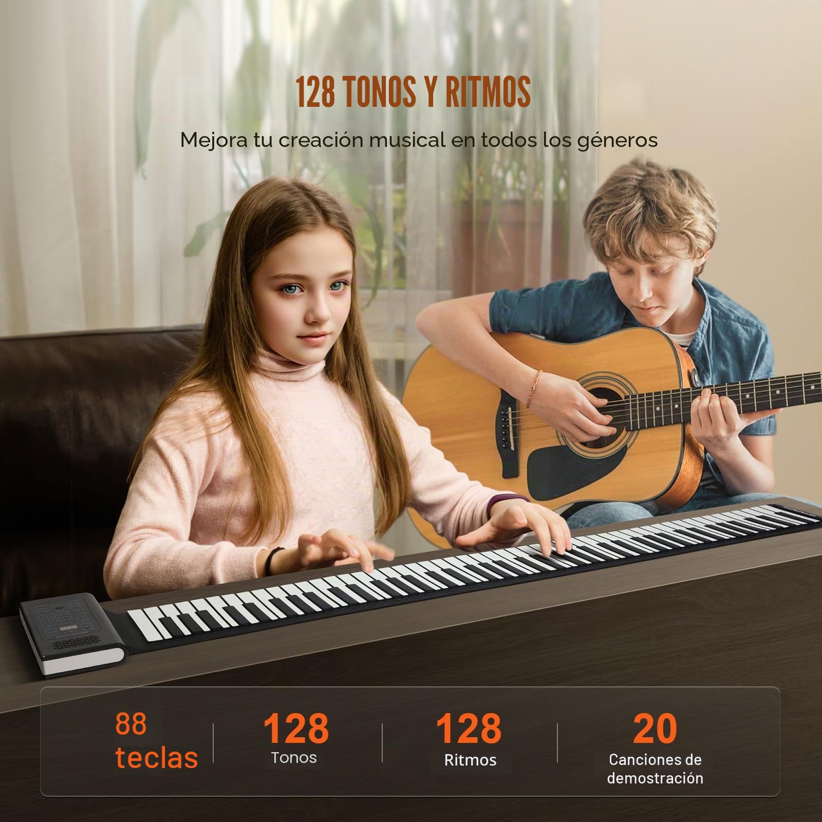 VEVOR Teclado Piano Enrollable 88 Teclas 128 Ritmos 128 Tonos Piano Digital Portátil Recargable con Altavoz 2W Pantalla LED 5 Puertos Función MIDI para Niños, Principiantes, Adultos, Negro