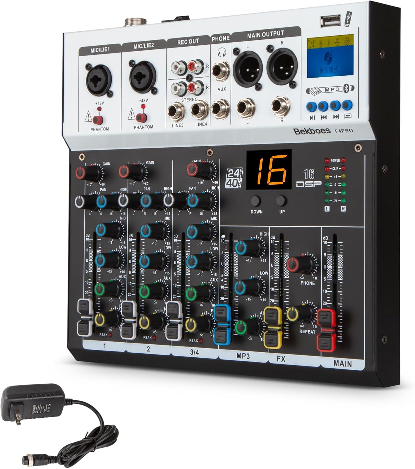 Professional Audio Mixer, 4 Channel, Input 48V Phantom Power Stereo Digital USB Bluetooth MP3 Computer Input, Build-in 16 Effect DSP, for Recording, Live Streaming, Podcasting